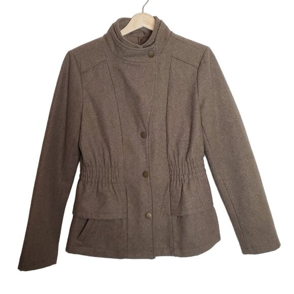 New York & Co. M Wool Short Peacoat Peplum Zipper & Snap Closure Military Brown - Picture 1 of 11